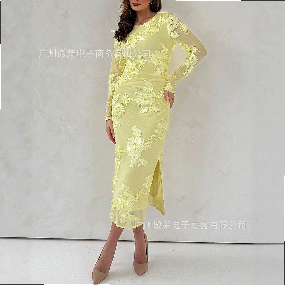 فستان ضيق شبكي مطرز بالزهور ثل - مراجعة Embroidery Yellow Dress وسعره